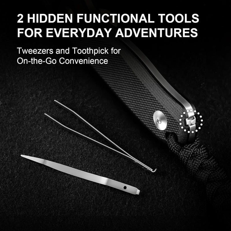 KIZER Drop Bear Fixed Blade Knife, 2.57" D2 Satin Blade EDC Camping Knife with Black G10 Handle and Hidden Tools, Outdoor Full Tang Hunting Survival Knives with Adjustable Kydex Sheath, 1094M2 - Image 3